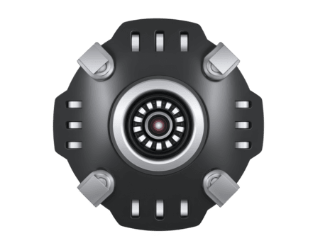 futuristico il giro nero e argento meccanico dispositivo con centrale lente, metallico bulloni, e geometrico modelli, evoca Avanzate tecnologia e innovazione, isolato su trasparenza sfondo png