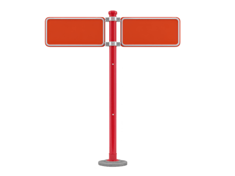 röd vägvisare med två tom rektangulär tecken, isolerat på genomskinlighet bakgrund, lämplig för tillsats beställnings- text eller vägbeskrivningar, modern design, urban gata element, kopia Plats png