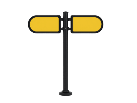 Yellow blank street sign with two empty rectangular panels on black metal pole, isolated on transparency background, suitable for adding custom text or directions png