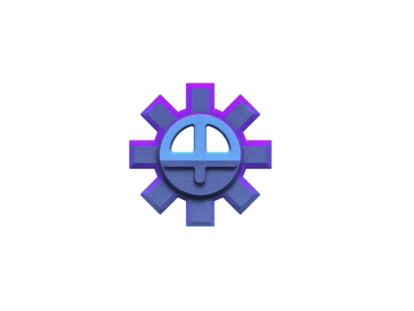 Blue and purple gear icon with circular face and abstract smile, isolated on transparent background, symbolizing technology, engineering, and innovation with playful mood png