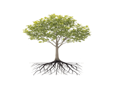 albero con verde le foglie e visibile radici, isolato su trasparenza sfondo, mostrando dettagliato radice sistema e salutare fogliame, Perfetto per educativo, ambientale, o botanico concetti png