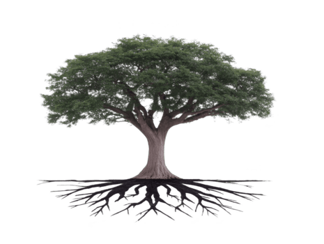 Tree with lush green foliage and visible roots, symbolizing growth, strength, and connection to nature, isolated on transparency background, evokes sense of stability and life png