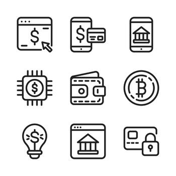 Digital banking icons set with online transaction, mobile payment, wallet, and fintech symbol vector
