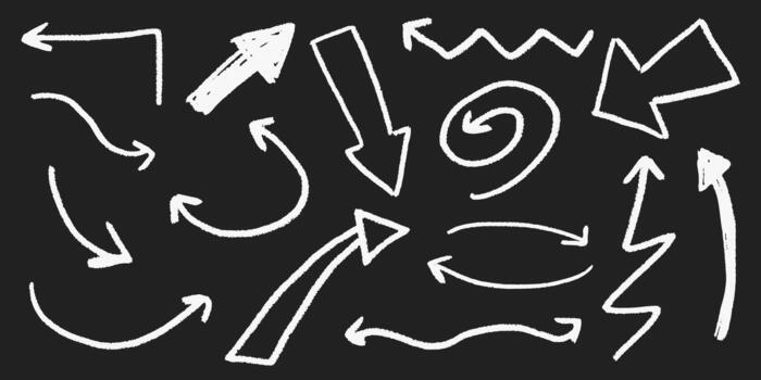 Crayon arrows in sketch style with swirling doodles and messy scribble lines, chalk underlines and gritty grunge texture. vector