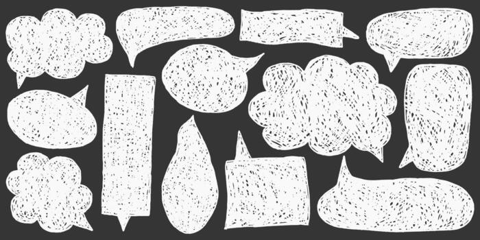 texto caja pizarra mensaje marco colección con suave lápiz de color trazos, peculiar habla burbujas, geométrico formas, granoso contornos y mano dibujado finalizar. vector