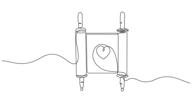 Tora Desplazarse y corazón continuo soltero línea Arte dibujo ilustración de judío Tora desplazamiento continuo línea latido del corazón en desplazamiento continuo línea dibujo de un Tora Desplazarse con estrella de david vector