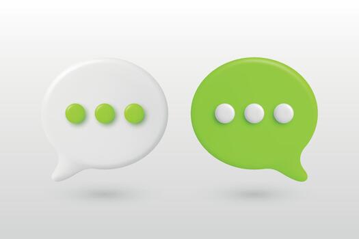 3d White and Green Chat Bubbles. Speech Balloons with Dots. Modern Messenger Icon, Communication Symbol, Chat App UI Element, Social Media Message Design Template vector