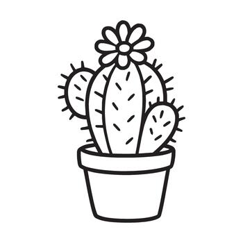 Cute potted cactus with a flower on top in a simple line drawing style with minimalist design elements. vector
