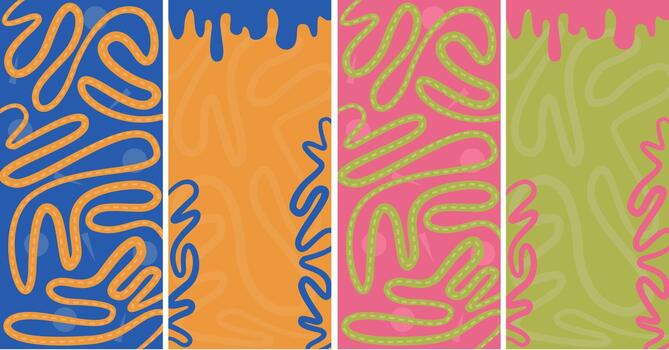 bold abstract set with four vertical panels filled with thick line swirl patterns in blue, orange, pink, and green. vector