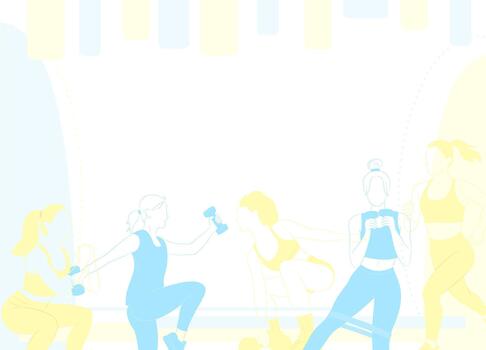 soft silhouettes of people doing group exercise in a studio setting. Pastel tones and gentle shapes. vector