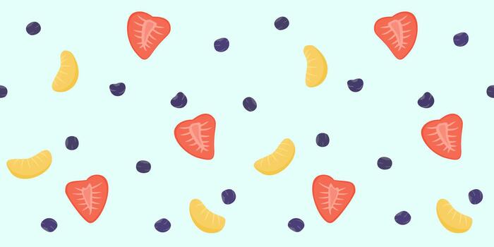 seamless fruit pattern with strawberries, blueberries, and orange slices scattered on a soft background. Fresh, playful, and perfect for textiles, packaging. vector