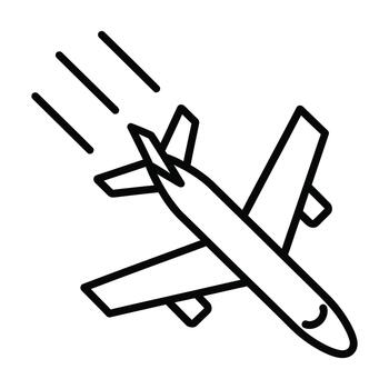 A simple black line art icon of an airplane in flight, depicting travel, transportation, and aviation concepts with a sense of motion and movement, suitable for modern infographics and vector