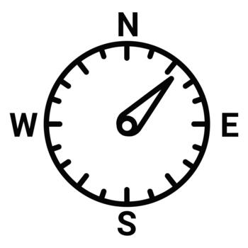 Black and white icon of a compass with cardinal directions N, S, E, W, representing navigation, direction, journey, exploration, and guidance in a minimalistic style vector