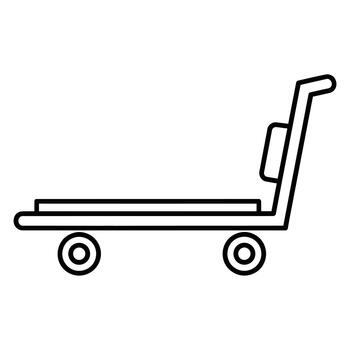 Simple line art illustration of a flatbed trolley with wheels and a handle, representing logistics, transportation, material handling, and warehousing operations in a clean graphic style vector