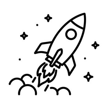 A stylized rocket launching into space with fire and stars, representing innovation, startup, exploration, progress, and future success in business and technology ventures vector