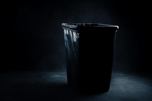 Empty trash can with black plastic bag liner, black background, clean, garbage. photo