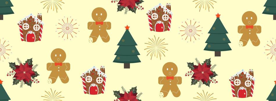 Seamless New Year's pattern with a Christmas tree, gingerbread man, fireworks and a winter flower on a light background.Elements for printing,wallpaper, paper and packaging vector