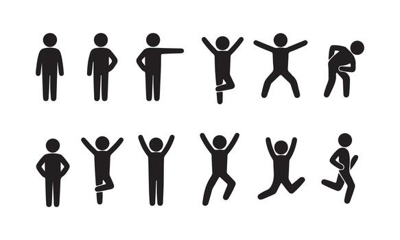 Black Stick Figures Displaying Various Activities Exercise, Stretching, and Running Pictograms vector