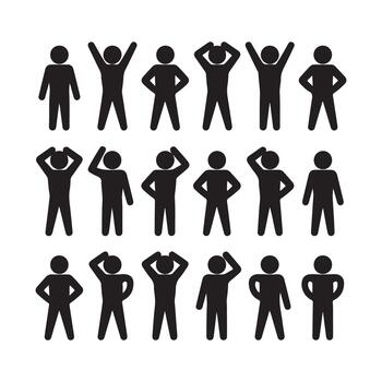 Array of Black Stick Figures Depicting Various Poses and Emotions on White vector