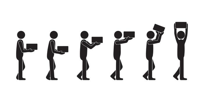 Stick Figure Sequence Showing a Person Lifting Box Above Their Head Style vector