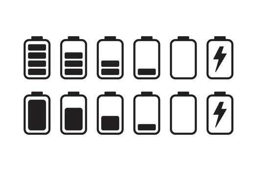 Battery Level Icons Showing Full Charge to Empty and Power Status vector