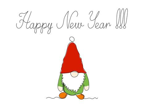 Happy New Year holiday card, gnome, dwarf with a beard, elf. continuous single one line art hand drawing sketch, logo on white background vector