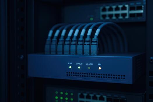 Network Recorder and Ethernet Cables in Server Rack With Status Lights photo