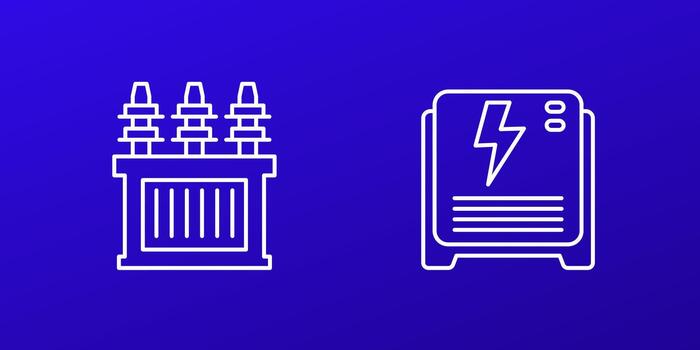 substation, electric transformer and backup power generator line icons vector