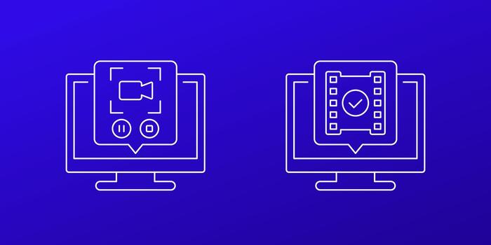 pantalla grabación íconos con computadora, línea diseño vector
