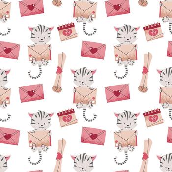 linda gato con amor letra y corazones sin costura modelo. plano diseño San Valentín repetir antecedentes para regalo envoltura, textil, fondo de pantalla y romántico diseño vector