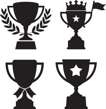 Assorted Tournament Award Cups with Laurel Wreath and Flag. vector