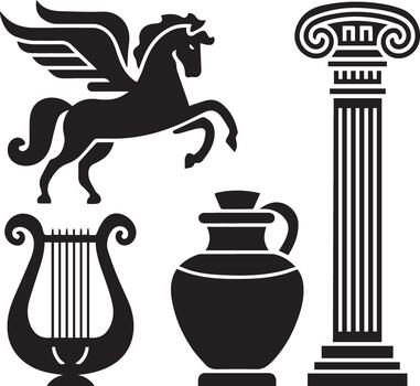 Flying Pegasus, lyre instrument, column, and pottery jar.Flying Pegasus, lyre instrument, column, and pottery jar. vector