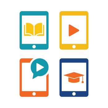 E-learning tablet icons set with play button, open book, and graduation cap, online education icon illustration vector