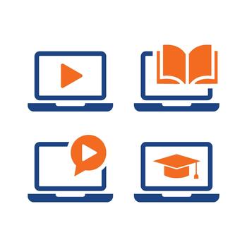 E learning laptop icons set with play button, book, and graduation cap vector