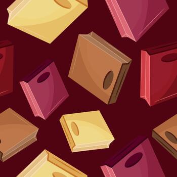seamless pattern with paper bags with a handle cutout, often for small goods in various colors on a dark red background vector