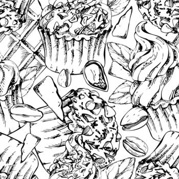 Pistachio-topped muffins, cocoa and mint cream cupcakes with chocolate bar garnish. Isolated hand drawn dessert in ink. Seamless patterns for packaging, menu designs, and food blog graphics. vector