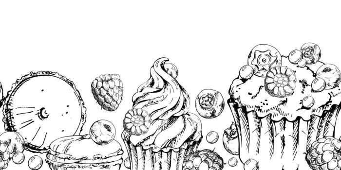 Blueberry and raspberry mousse macarons, whipped cream cupcake, mixed berries and dragee topped muffin hand drawn in ink. Long repeat visuals, seamless dessert strip, banners, menu headers. vector