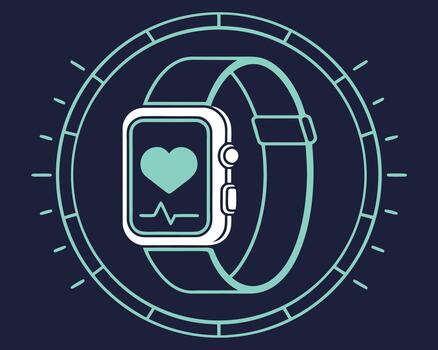 Smartwatch with heart rate monitor and pulse line graphic in a circular frame wearable technology health vector