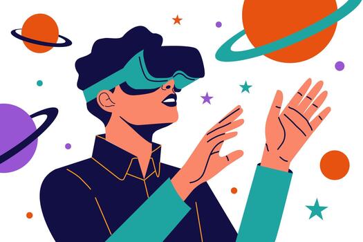 plano mínimo estudiante utilizando vr a aprender acerca de solar sistema, futurista virtual educación vector