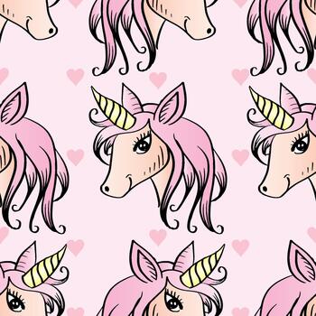Seamless pattern with unicorns and hearts. vector