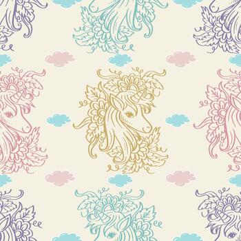 Seamless pattern with dreamy pastel unicorns and clouds vector