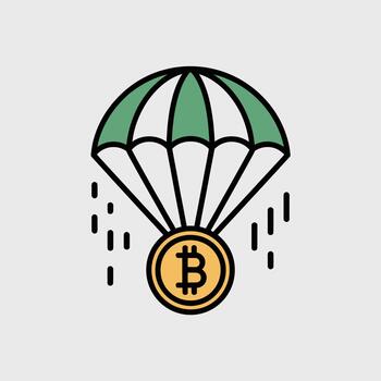 A Minimalist Illustration of a Bitcoin Cryptocurrency Coin Descending Under a Green and White Parachute Against a Light Gray Background Featuring a Simple Line Art Style with Small Dashed vector