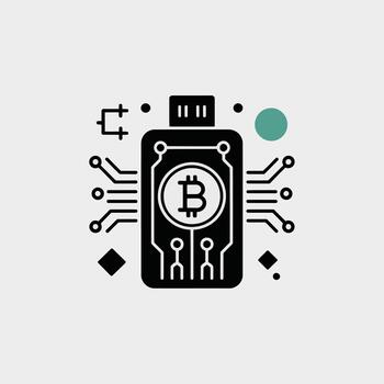 Minimalist Black and Teal Bitcoin Hardware Wallet Icon Illustration Featuring Circuit Board Design and U S B Connector Depiction on Light Gray Background vector