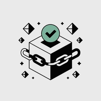 Isometric Illustration of a Black and White Cube Secured by a Chain Link with a Green Checkmark Icon on Top Surrounded by Small Geometric Shapes on a Light Gray Background vector
