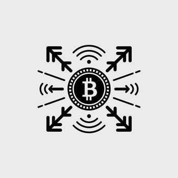 Black and White Minimalist Bitcoin Icon with Arrows and Wifi Signals Decentralized Cryptocurrency Digital Currency Transaction Network Graphic Design Element vector