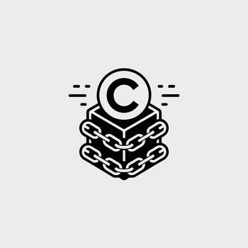 Black and white minimalist icon depicting a cube secured by chains a copyright symbol rests atop the cube suggesting data protection or intellectual property rights vector