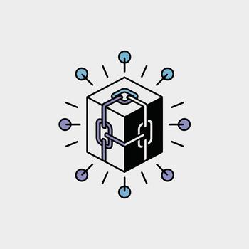 Abstract Minimalist Icon Illustration of a Black and White Cube Secured by Interlocking Chains Surrounded by Light Blue and Purple Circles and Rays on a Light Gray Background vector