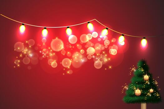 Christmas tree and lights on a red background. illustration for your design, for banner, web design template, flyer card, greeting card, background calendar vector