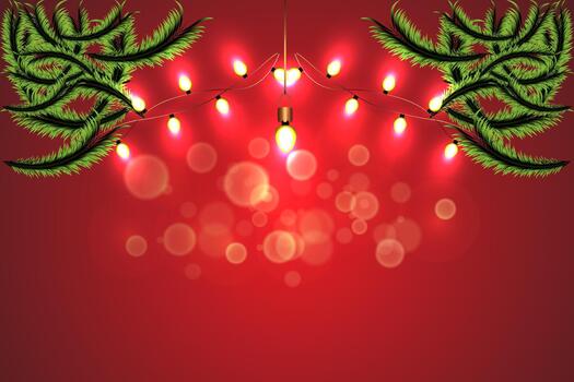 Christmas background with Christmas lights and fir branches on a red background. for banner, web design template, flyer card, greeting card, background calendar vector