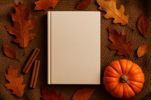 Cozy autumn flat lay with leaves, cinnamon sticks, pumpkin and blank book on textured fabric background. photo